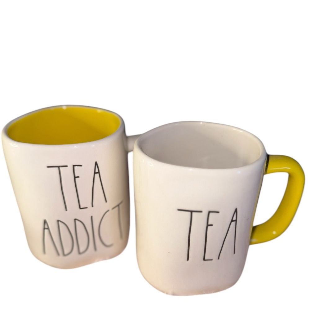 “Rae Dunn” “TEA Addict & TEA” Bundle Mug Set, 16 oz, Yellow & White Handles